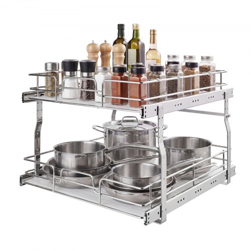 Vevor 2 Tier Pull Out Cabinet Organizer 20"W x 21.22"D Slide Out Drawers, for Kitchen Bathroom Pantry Organization, Chrome-Plated Finish, Heavy Duty Steel Storage Sliding Shelves for Base Cabinets