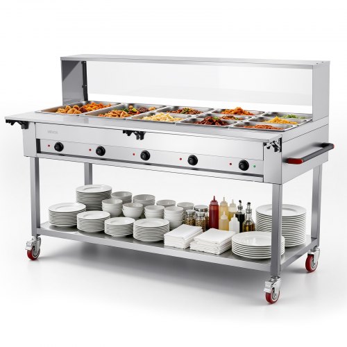 VEVOR Commercial Food Warmer 10 Pans Electric Tube Heating Table 3500W, for Buffet Restaurant Catering, Stainless Steel Server with Folding Board, Undershelf, Rolling Stand, and Temp Control