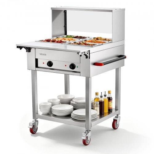 VEVOR Commercial Food Warmer 6 x 1/3 Pans Electric Tube Heating Table 1000W, for Buffet Restaurant Catering, Stainless Steel Server with Folding Board, Undershelf, Rolling Stand, and Temp Control