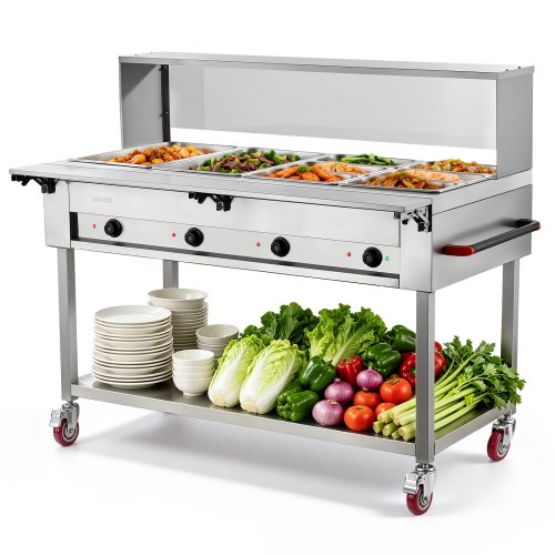 VEVOR Commercial Food Warmer 8 Pans Electric Tube Heating Table 2000W, for Buffet Restaurant Catering, Stainless Steel Server with Folding Board, Undershelf, Rolling Stand, and Temp Control