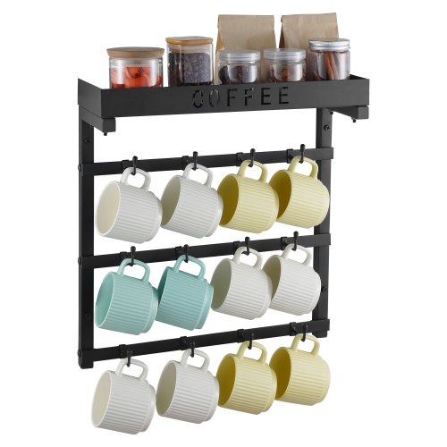 

Coffee Mug Holder Wall Mounted with 12 Movable Hooks and Top Shelf Cup Rack