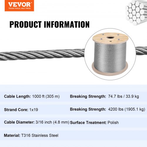 Cable Railing Wire Rope 1,000ft Stainless Steel Type 316 Cable 1x19 5/32"