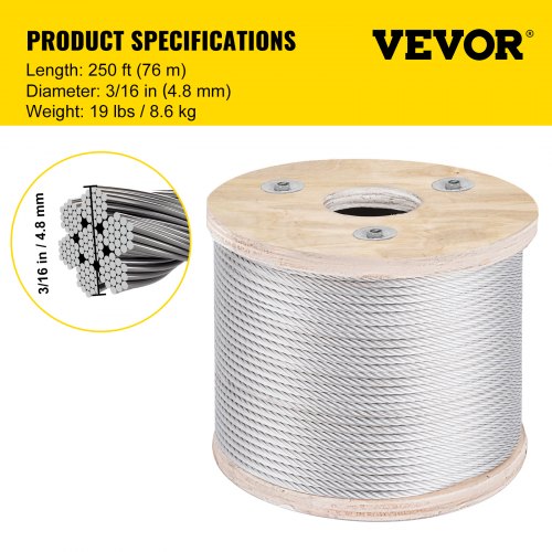 T-304 Grade 7 x 19 Stainless Steel Cable Wire Rope 1/8" 250 ft 