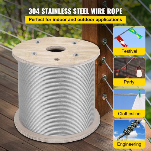 T304 Stainless Steel Cable Wire Rope,1/4",7x19,300ft Fishery Liftin 