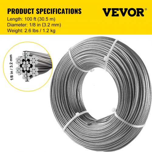 1/8" Stainless Steel Cable Railing Wire Rope 1x19 Type 316 100 Feet 