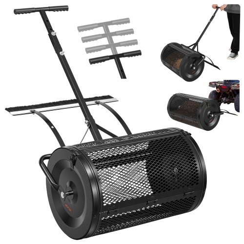 VEVOR Compost Spreader, 24" Wide Peat Moss Spreader with Push/Tow Handle & Brush, 4 Heights Adjustable, Powder-Coated Steel Garden Peat Moss Roller, Heavy Duty Grass Seed Roller for Planting Seeding