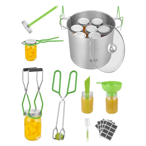 

VEVOR Canning Supplies Starter Kit, 9 Pieces Stainless Steel Water Bath Canning Kit for Beginners, Canning Tools Set: Pot, Rack, Lid, Funnel, Tongs, Jar Lifter, Wrench, Magnetic Wand, Bubble Propper