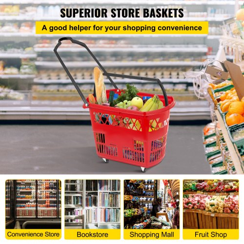 Red Pack of 6 Shopping Basket with Handle on Castors 