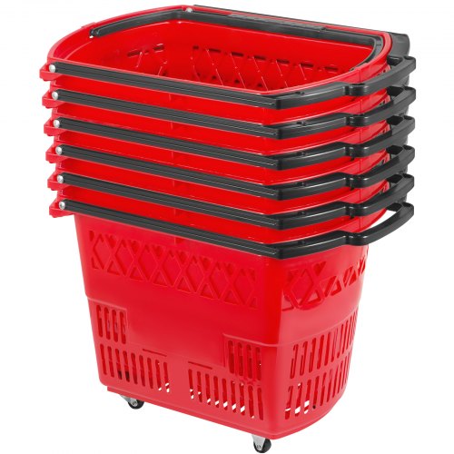 Red Pack of 6 Shopping Basket with Handle on Castors 