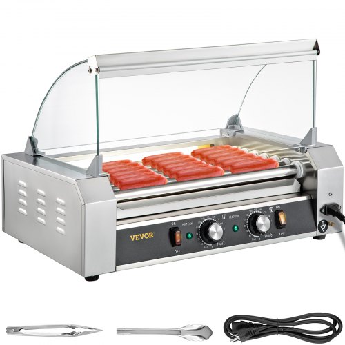 VEVOR Hot Dog Roller, 18 Hot Dog Capacity 7 Rollers, 1050W Stainless Steel Cook Warmer Machine w/ Cover & Dual Temp Control, LED Light & Detachable Drip Tray, Sausage Grill Cooker for Kitchen Canteen