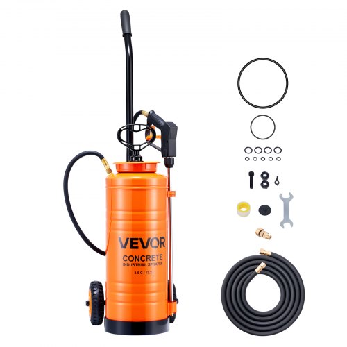 VEVOR Industrial Concrete Sprayer with Wheeled Cart, 3.5 Gallon Stainless Steel Sprayer, Heavy Duty Tri-Poxy Pump Sprayers, 20.5"Wand, 48" & 120"Hoses