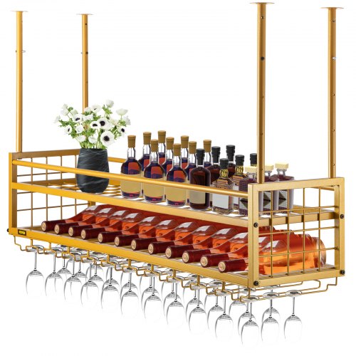 VEVOR Ceiling Wine Glass Rack, 46.9 x 11.8 inch Hanging Wine Glass Rack, 18.9-35.8 inch Height Adjustable Hanging Wine Rack Cabinet, Gold Wall-Mounted Wine Glass Rack Perfect for Bar Cafe Kitchen