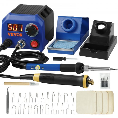 

VEVOR Wood Burning Kit, 250~700°C Adjustable Temperature with Display, Dual Output Port with 2 Pyrography Pens, 23 Wire Nibs, 5 Solid-Point Tips, 2 Pen Holder, 4 Wood Chip, 1 Tweezers, 1 Sponge