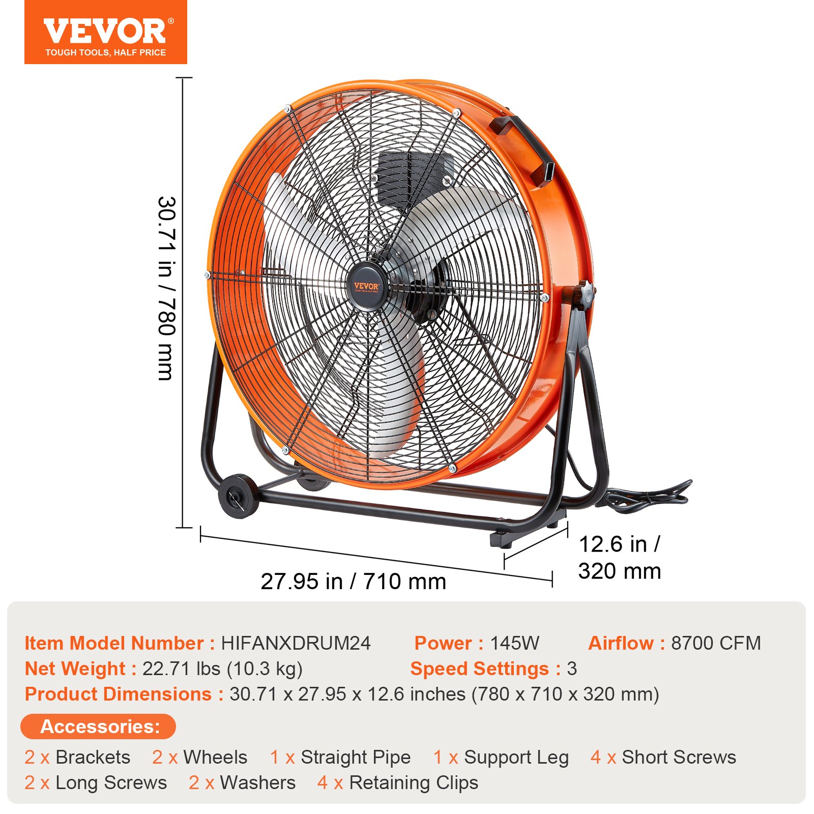 Trummelventilaator, 61,0 cm