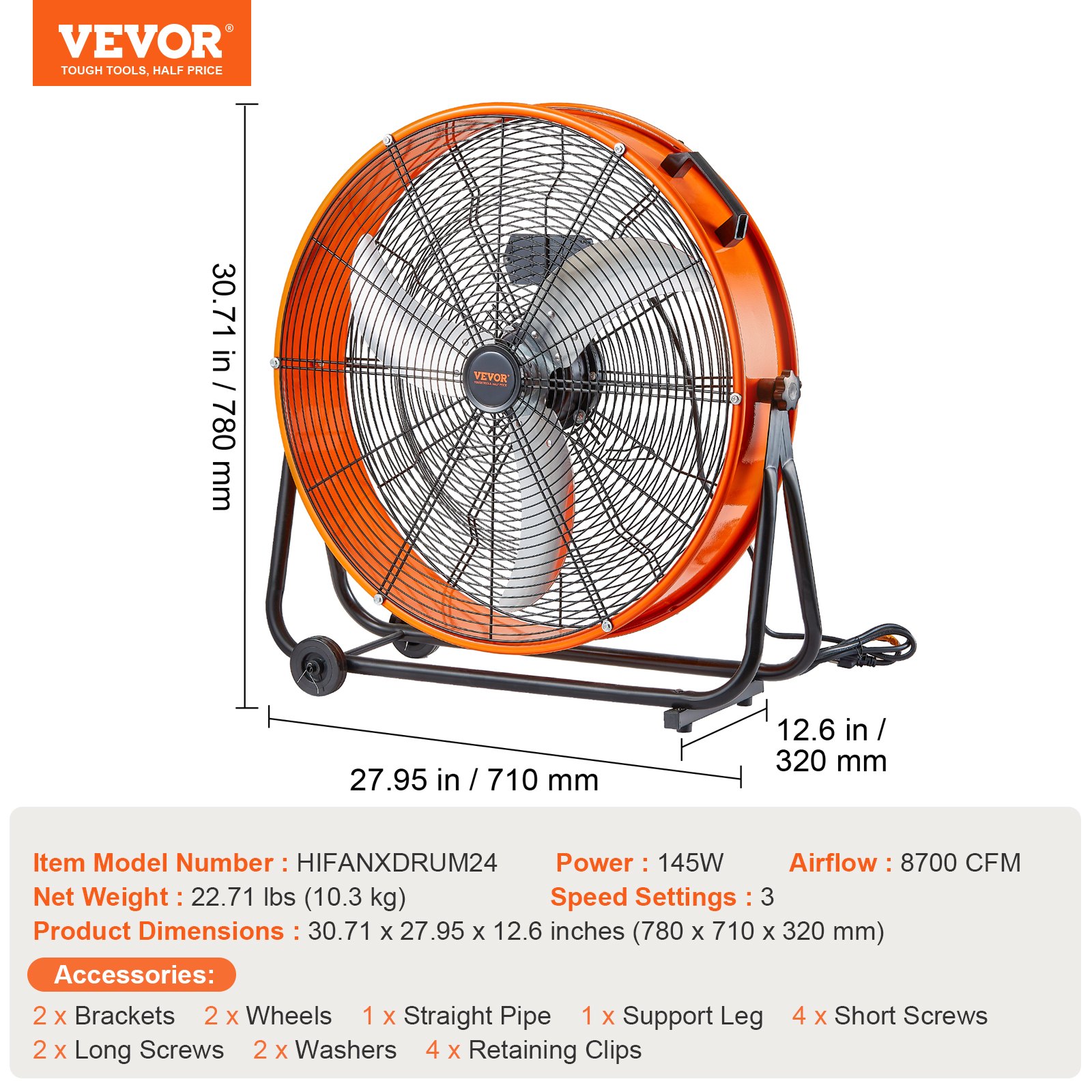 VEVORi trummelventilaator, 61,0 cm