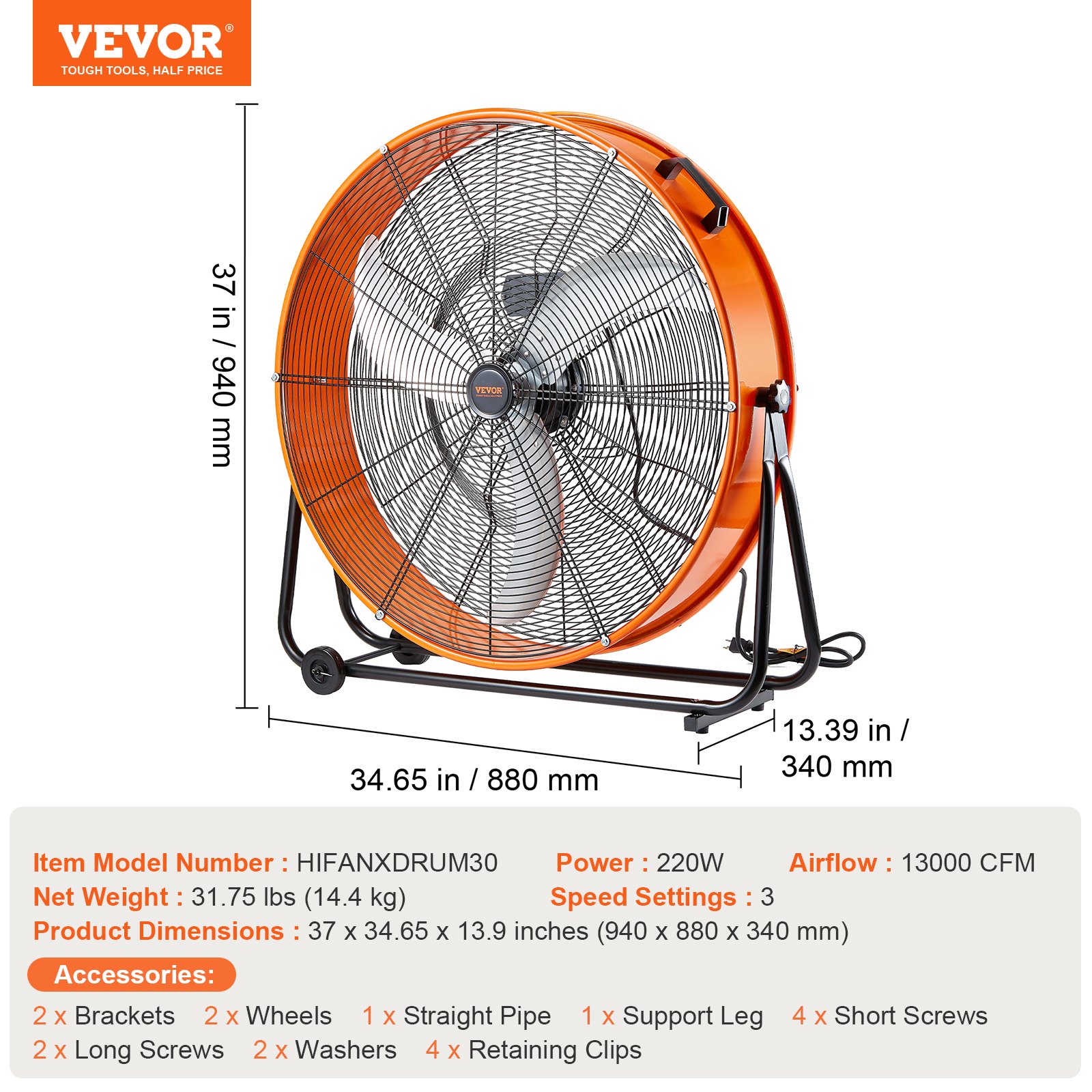 Trummelventilaator, 76,2 cm