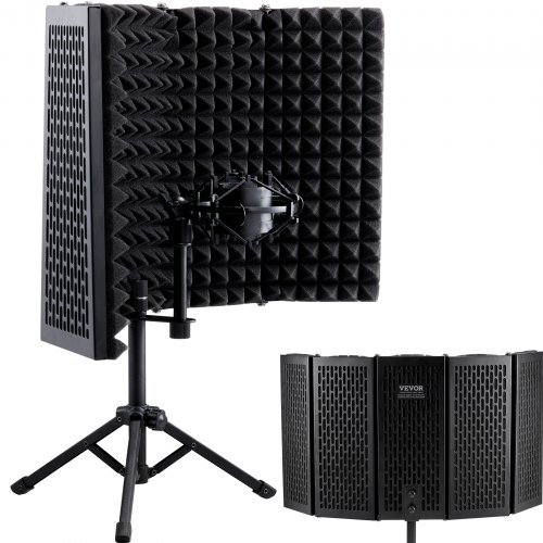 

VEVOR Microphone Isolation Shield, 5-Panel, Studio Recording Mic Sound Shield, with Pop Filter Desktop Tripod Stand and 3/8'' to 5/8'' Microphone Adapter, for Blue Yeti and Condenser Microphones
