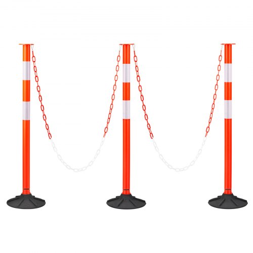 

VEVOR 3 Pack Traffic Delineator Posts, 34 in Traffic Safety Cones with Weighted Base, Reflective Strips and Chain, Heavy Duty Delineator Posts for Construction Site, Parking Lot, Crowd Control, Red
