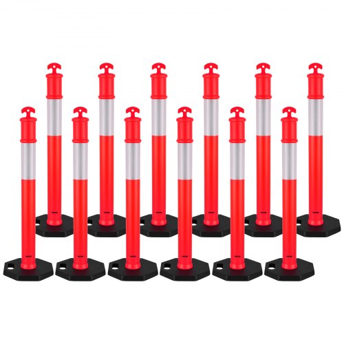Vevor 12 Pack Traffic Delineator Posts, 48 inches Traffic Safety Cones with Weighted Base and Reflective Strips, Heavy Duty Delineator Posts for Construction Site, Parking Lot, Crowd Control, Red