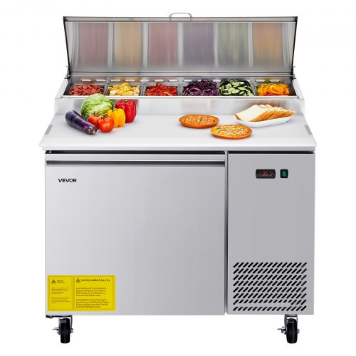 VEVOR 67"W Commercial Refrigerator, Pizza Prep Refrigerated Table, 20" Ultra Wide Countertop Food Prep Worktable, 20.3 Cu.Ft Single Door Salad Prep Fridge, 9 Pans Pizza Make Worktop with Cutting Board