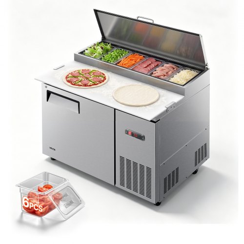 Vevor 44"W Commercial Refrigerator 10.8 Cu. Ft Pizza Prep Table Fridge, 19" Ultra Wide Cutting Board Salad Refrigerated Worktop, Mega Top Stainless Steel Food Prep Cooler, 6 x 1/3 Pans with Lids