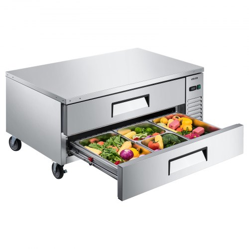 VEVOR Chef Base Refrigerator, 52" W Commercial Chef Bases Worktop Refrigerators, 2-Drawer Under Counter Fridge with 8 Pans Stainless Steel, Heavy-Duty Refrigerated Base, Invisible Door Handle