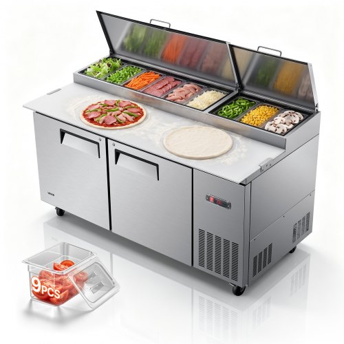 Vevor 67"W Commercial Refrigerator 19.4 Cu. Ft Pizza Prep Table Fridge, 19" Ultra Wide Cutting Board Salad Refrigerated Worktop, Mega Top Stainless Steel Food Prep Cooler, 9 x 1/3 Pans with Lids
