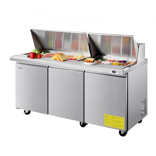 VEVOR 72"W Commercial Refrigerator, 18.7 Cu. Ft Sandwich Prep Refrigerated Table, Mega Top Food Prep Fridge with 30 Pans and Cutting Board, Stainless Steel Salad Prep Cooler for Restaurant, Food Truck GZTBX72INCHSG5XYS001V1