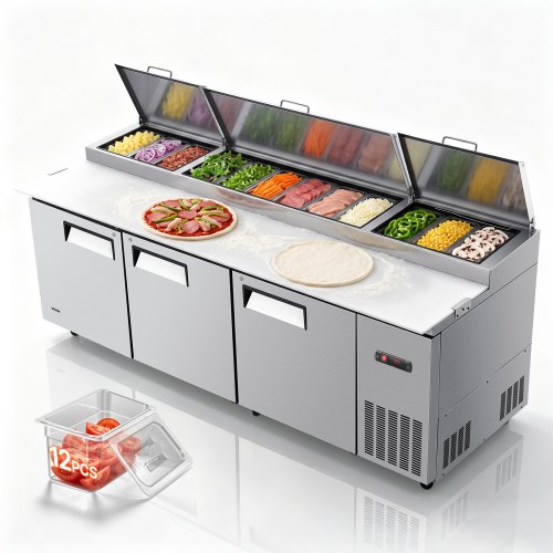 Vevor 94"W Commercial Refrigerator 29.6 Cu. Ft Pizza Prep Table Fridge, 19" Ultra Wide Cutting Board Salad Refrigerated Worktop, Mega Top Stainless Steel Food Prep Cooler, 12 x 1/3 Pans with Lids