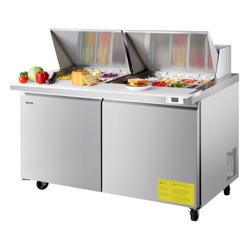 

VEVOR 60"W Commercial Refrigerator, 15.4 Cu. Ft Sandwich Prep Refrigerated Table, Mega Top Food Prep Fridge with 24 Pans and Cutting Board, Stainless Steel Salad Prep Cooler for Restaurant, Food Truck