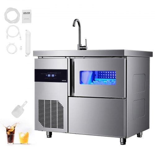VEVOR Commercial Ice Maker Freestanding Worktop Machine 132 lbs/24H with Sink