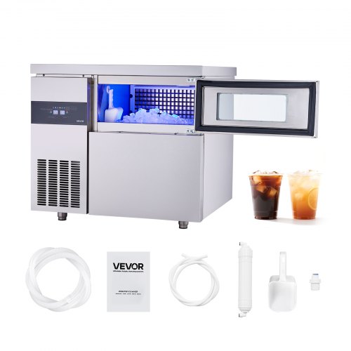 VEVOR Commercial Ice Maker Machine, 220 lbs/24H Stainless Steel Ice Machine with Worktop, 66 lbs Storage & 108 Cubes/Cycle, Self-Cleaning Freestanding Ice-Making for Home Bar Office Restaurant Kitchen