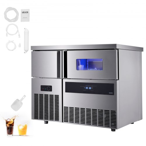 VEVOR Commercial Ice Maker Machine, 330 lbs/24H Stainless Steel Ice Machine with Worktop, 88 lbs Storage & 144 Cubes/Cycle, Self-Cleaning Freestanding
