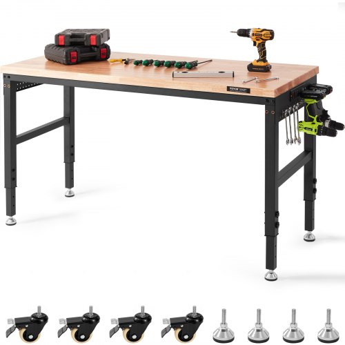 

VEVOR Adjustable Workbench, 60" L X 22" W Garage Worktable with Universal Wheels, 28-39.5" Heights & 2000 LBS Load Capacity, with Power Outlets & Hardwood Top & Storage & Foot Pads, for Office Home