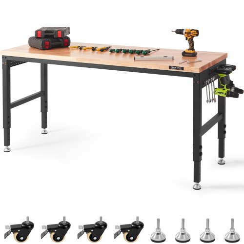 

VEVOR Adjustable Workbench, 72" L X 25" W Garage Worktable with Universal Wheels, 28-39.5" Heights & 3000 LBS Load Capacity, with Power Outlets & Hardwood Top & Storage & Foot Pads, for Office Home