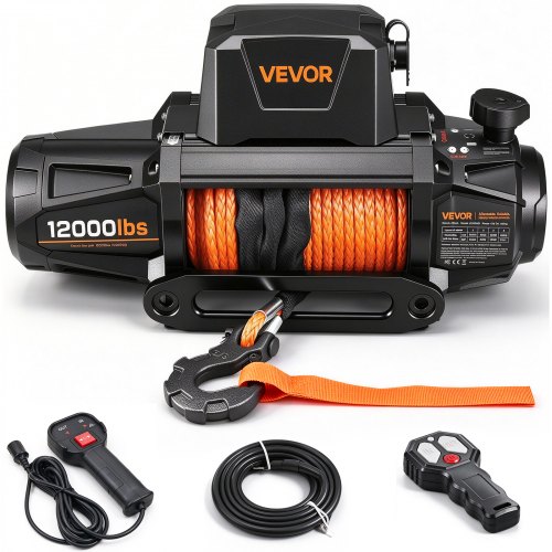 VEVOR Electric Winch, 12000 lbs Load Capacity, 12V DC Truck Winch with Φ3/8 in x 92 ft Synthetic Rope, Wireless & Wired Remote Control, IP68 Waterproof for Towing Off-Road SUV Jeep Trailer Boat