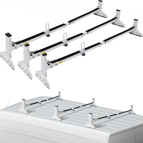 

VEVOR Van Roof Ladder Rack, 3 Bars, 661 LBS Capacity, 46.9"-59.1" Adjustable Middle Bar Steel Roof Racks, Rain-Gutter Mount Racks Fit Most Van Rails, Universal Design, White