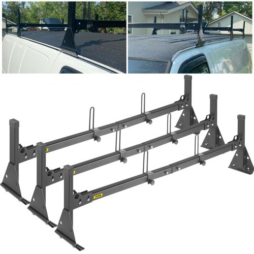 VEVOR Van Ladder Roof Racks, 3 Bars, 661 LBS Capacity, Adjustable Matte Coating Van Rack with Ladder Stoppers, Compatible with Chevy Express Fullsize Van 1996-Up, Black