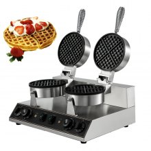 VEVOR 110V Commercial Waffle Maker Nonstick 1200Wx2 Electric Waffle Machine Stainless Steel Temperature and Time Control Round Waffle Iron 8MM/0.32inch Deep Suitable for Restaurant Snack Bar