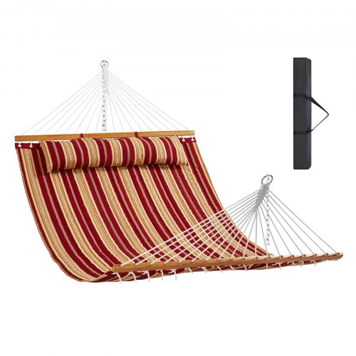 

VEVOR Double Quilted Fabric Hammock, 12 FT Double Hammock with Hardwood Spreader Bars, 2 Person Quilted Hammock with Detachable Pillow and Chains for Camping Outdoor Patio Yard Beach, 480 lbs Capacity