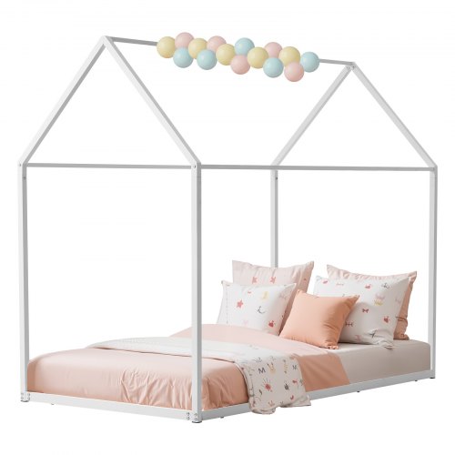 VEVOR Twin Size House Bed Frame, Metal Kids Floor Bed Frame with Roof, Heavy Dut