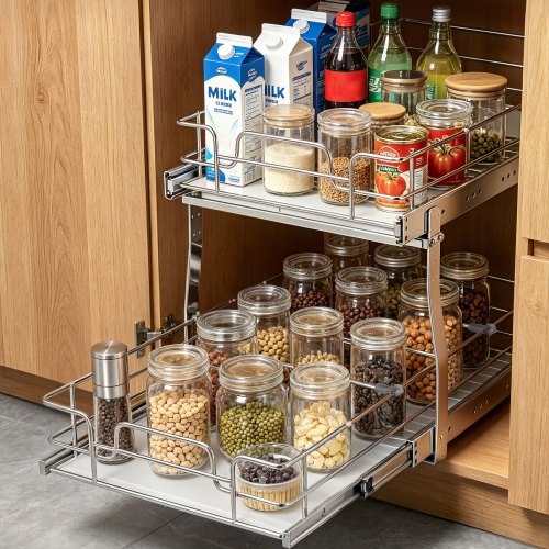 Vevor 2 Tier 14"Wx21"Dx15"H Pull Out Cabinet Organizer, Heavy Duty Slide Out Pantry Shelves, Steel Roll Out Drawers, Sliding Drawer Storage For Home,-image