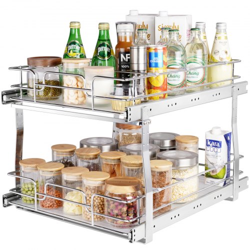 VEVOR 2 Tier 19W x 20D Pull Out Cabinet Organizer, Heavy Duty Slide Out  Pantry Shelves, Chrome-Plated Steel Roll Out Drawers, Sliding Drawer  Storage for Inside Kitchen Cabinet, Bathroom, Under Sink