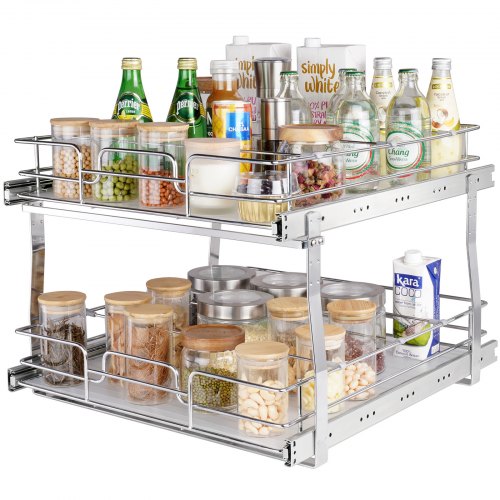 VEVOR 2 Tier 16W x 21D Pull Out Cabinet Organizer, Heavy Duty Slide Out Pantry Shelves, Chrome-Plated Steel Roll Out Drawers, Sliding Drawer