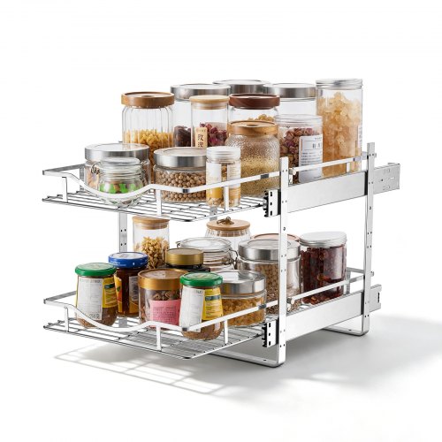 Vevor 2 Tier Pull Out Cabinet Organizer 14.17"W X 21.06"D Slide Out Drawers, For Kitchen Bathroom Pantry Organization, Chrome-Plated Finish, Heavy Dut-image