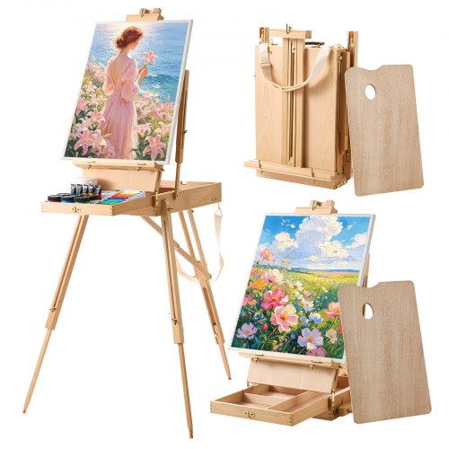 Vevor French Easel With Legs Foldable And Portable Sketchbox Easel Stand, For Painting, Solid Beech Wood, Holds Canvas Up To 33.86", Adjustable Height-image