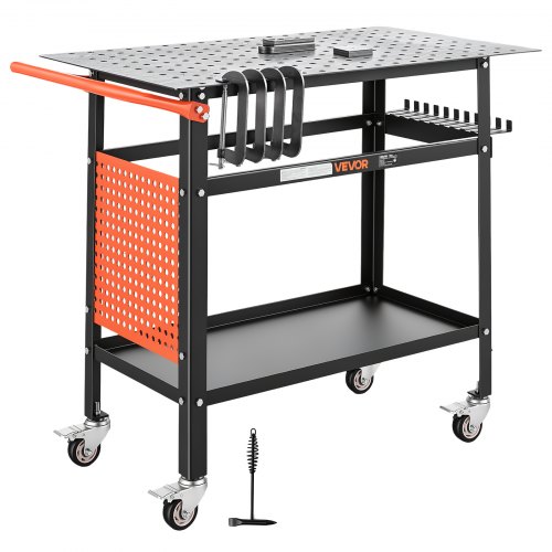 Vevor Welding Table 40" x 24" Movable Welding Workbench 800LBS Capacity, Heavy-Duty Steel Work Table Platform with 4 Lockable Casters, 0.63" Fixture Holes, Tool Tray, Pegboard & Hooks for Workshops