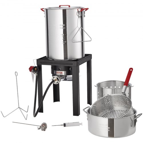 

VEVOR Turkey Deep Fryer, 30-qt Turkey & 10-qt Fish Steamer Cooker Set, Outdoor Aluminum Seafood Frying Pot, 54,000 BTU Burner Propane Gas Boiler, Includes Baskets, Perforated Poultry Rack, Thermometer