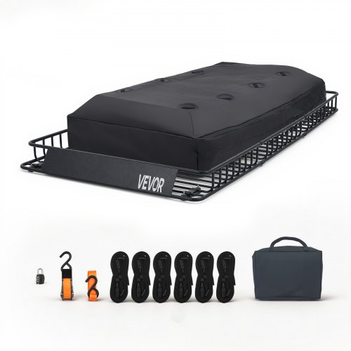 

VEVOR Roof Rack Cargo Basket, 90 x 50 x 6 in, Heavy Duty Roof Top Carrier Basket with Waterproof Rooftop Bag, Ratchet Straps, 250 lbs Capacity, All-Weather Car Top Luggage Holder, for SUV Truck Car