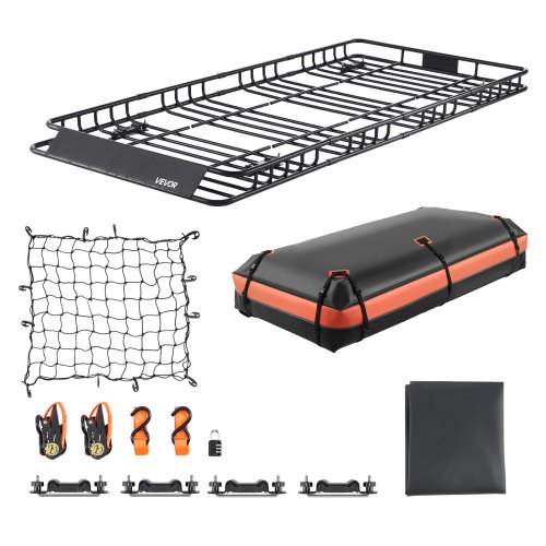 

VEVOR Roof Rack Basket, 84 x 39 x 4.1 in, Universal Rooftop Cargo Carrier with 7.9 x 3.9 x 10.2 in Cargo Bag, Net, Ratchet Straps, 250 lbs Max Load Capacity Car Top Luggage Holder, for SUV Truck Car